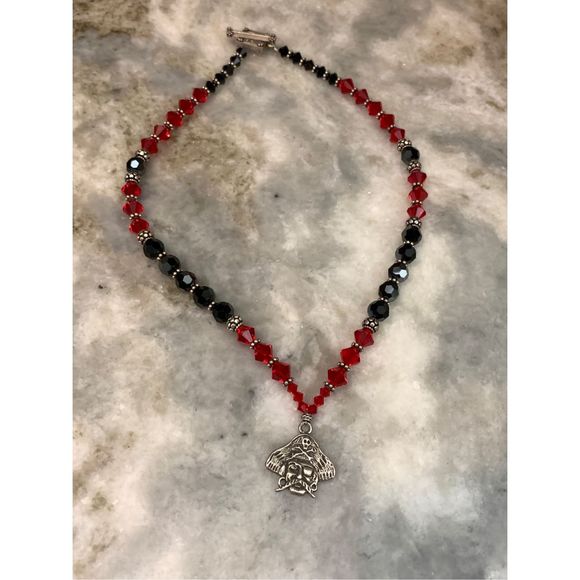 .925 Pirate Sterling Silver Charm with Black Red Austria Crystals Necklace #hand - Picture 4 of 6